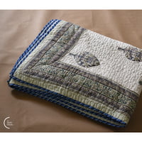 Motif Hand Block Print Quilt - Blue Floral Frame Motif Hand Block Print Quilt - Blue Floral Frame