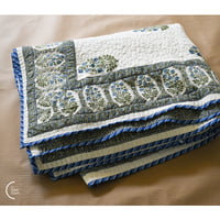 Motif Hand Block Print Quilt - Blue Floral Frame Motif Hand Block Print Quilt - Blue Floral Frame