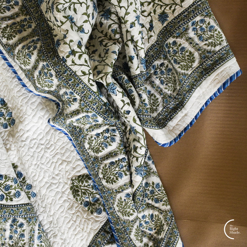 Motif Hand Block Print Quilt - Blue Floral Frame Motif Hand Block Print Quilt - Blue Floral Frame