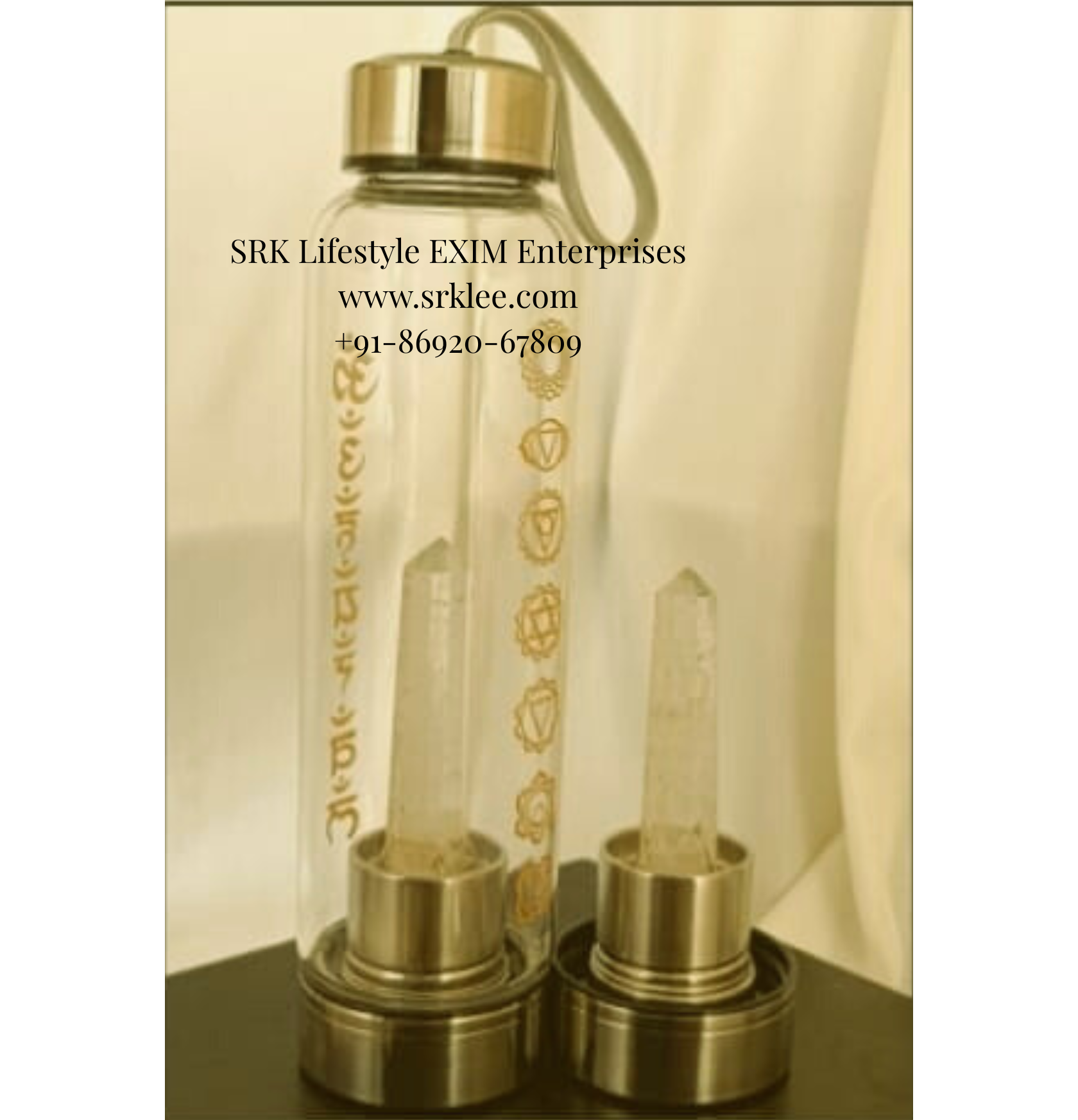 Stone Water Bottle - Quartz (The Master Healer) with Mantras & Chakras