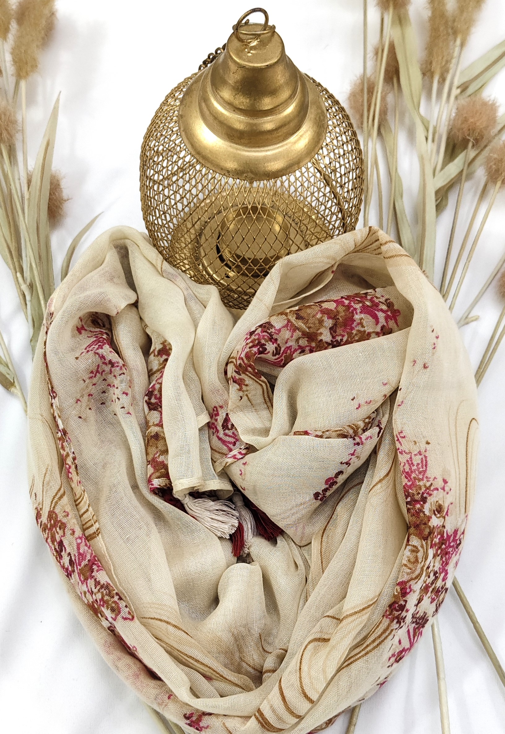 Cotton Floral Line Print Hijab With Tassels