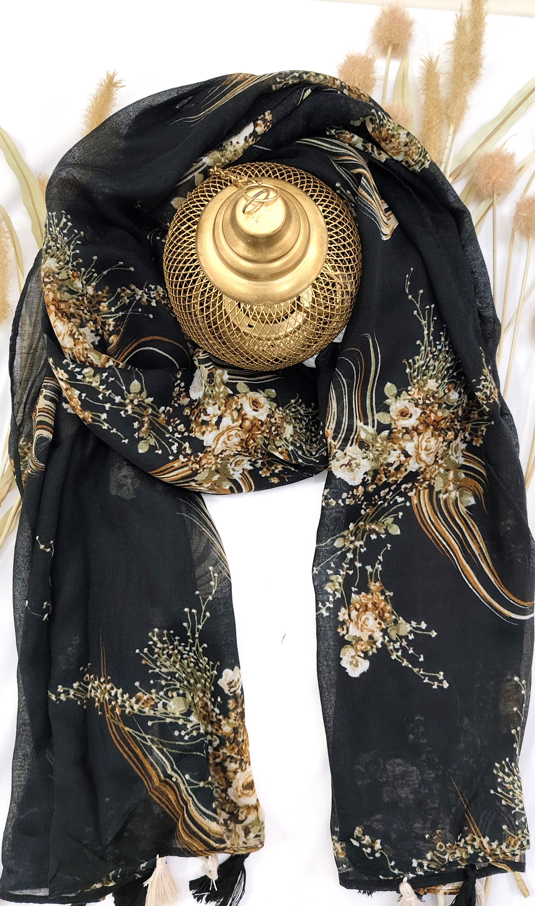 Cotton Floral Line Print Hijab With Tassels
