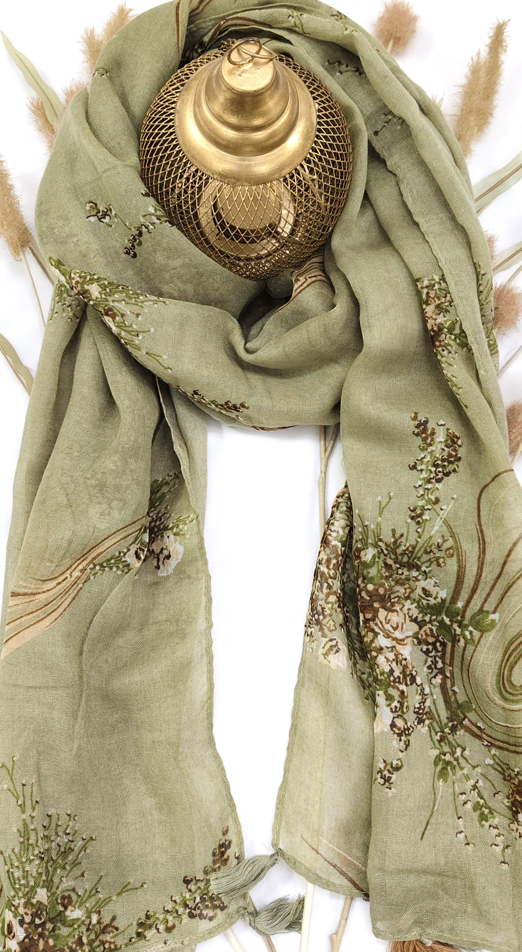 Cotton Floral Line Print Hijab With Tassels