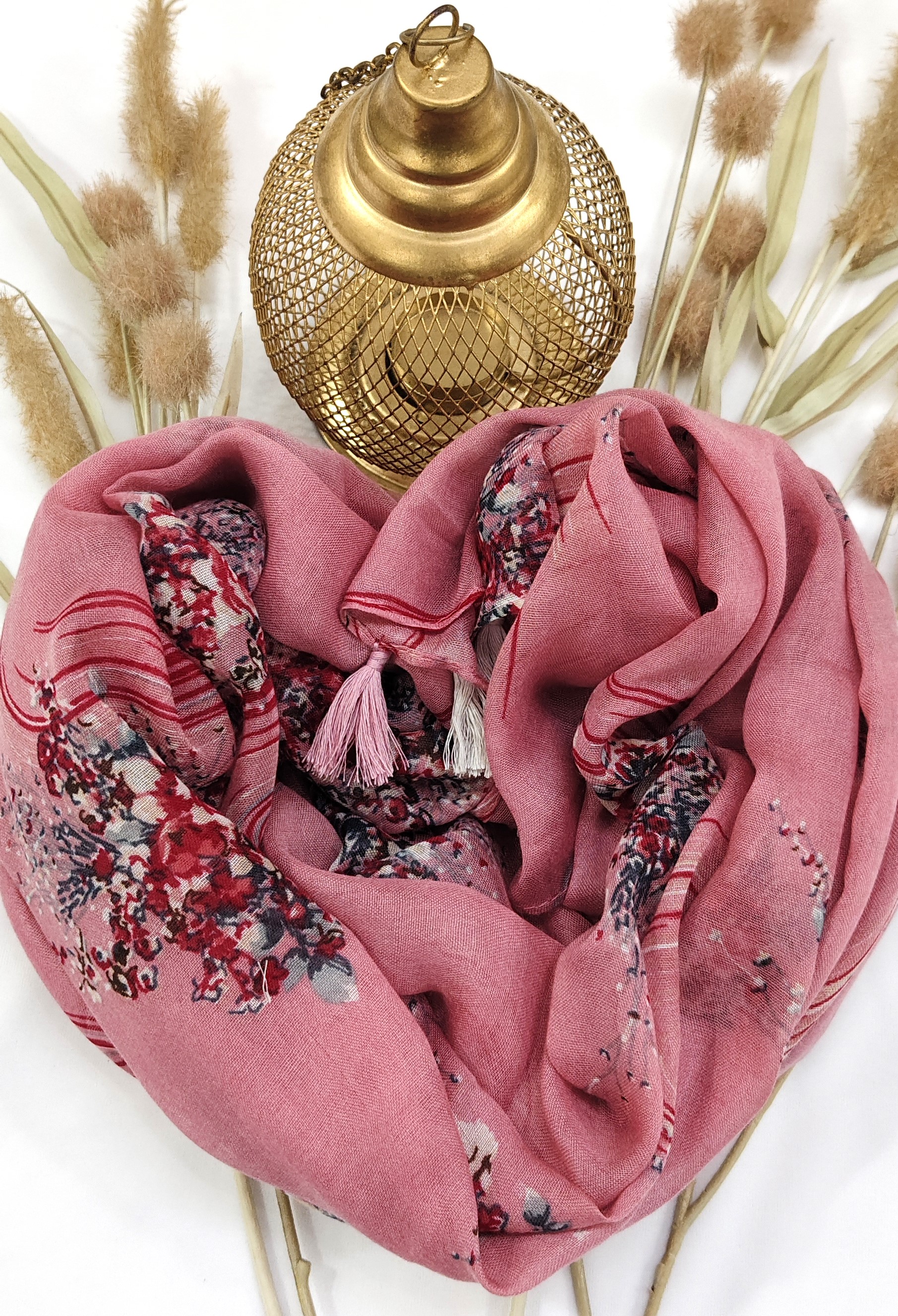 Cotton Floral Line Print Hijab With Tassels