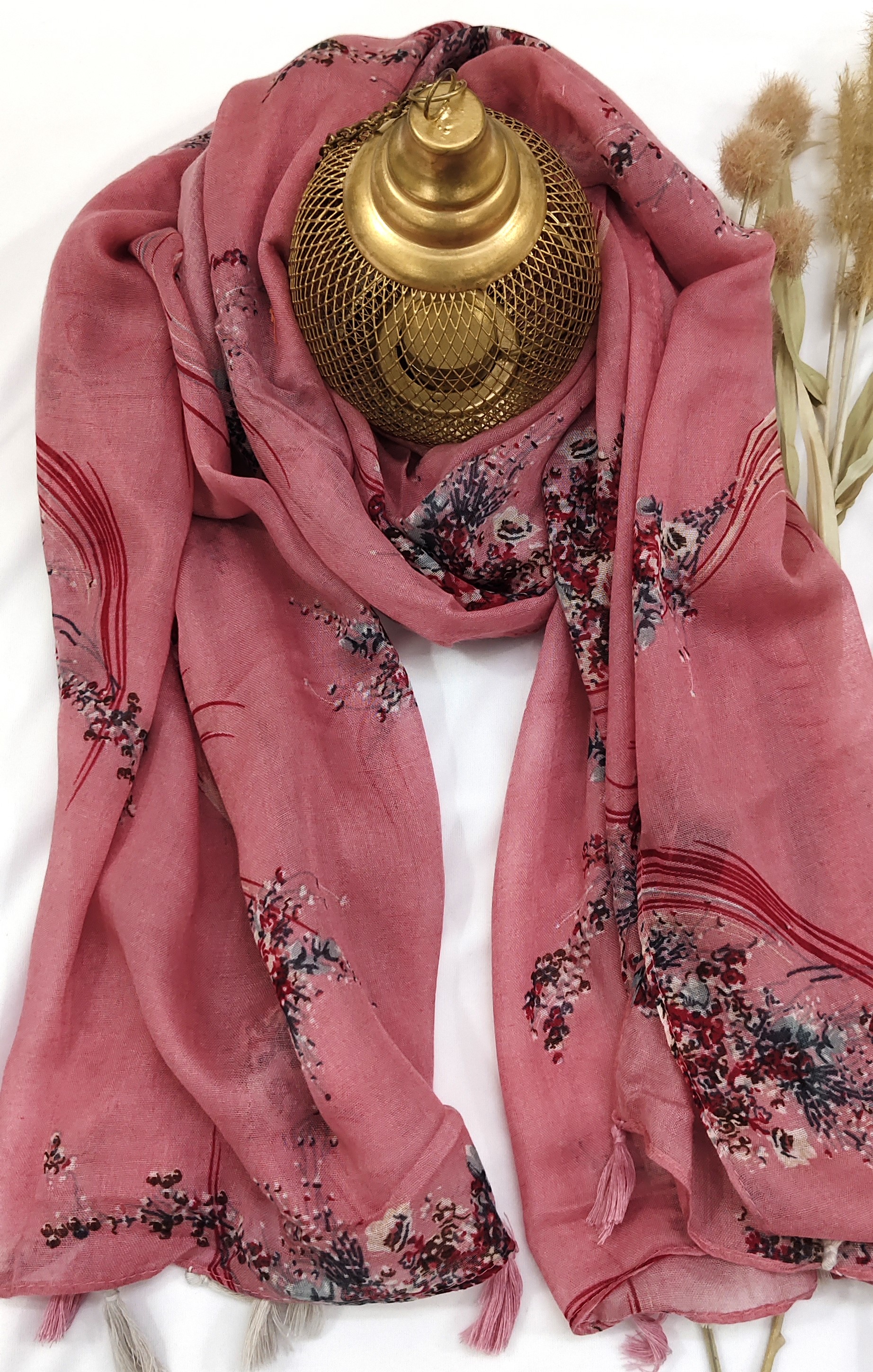 Cotton Floral Line Print Hijab With Tassels