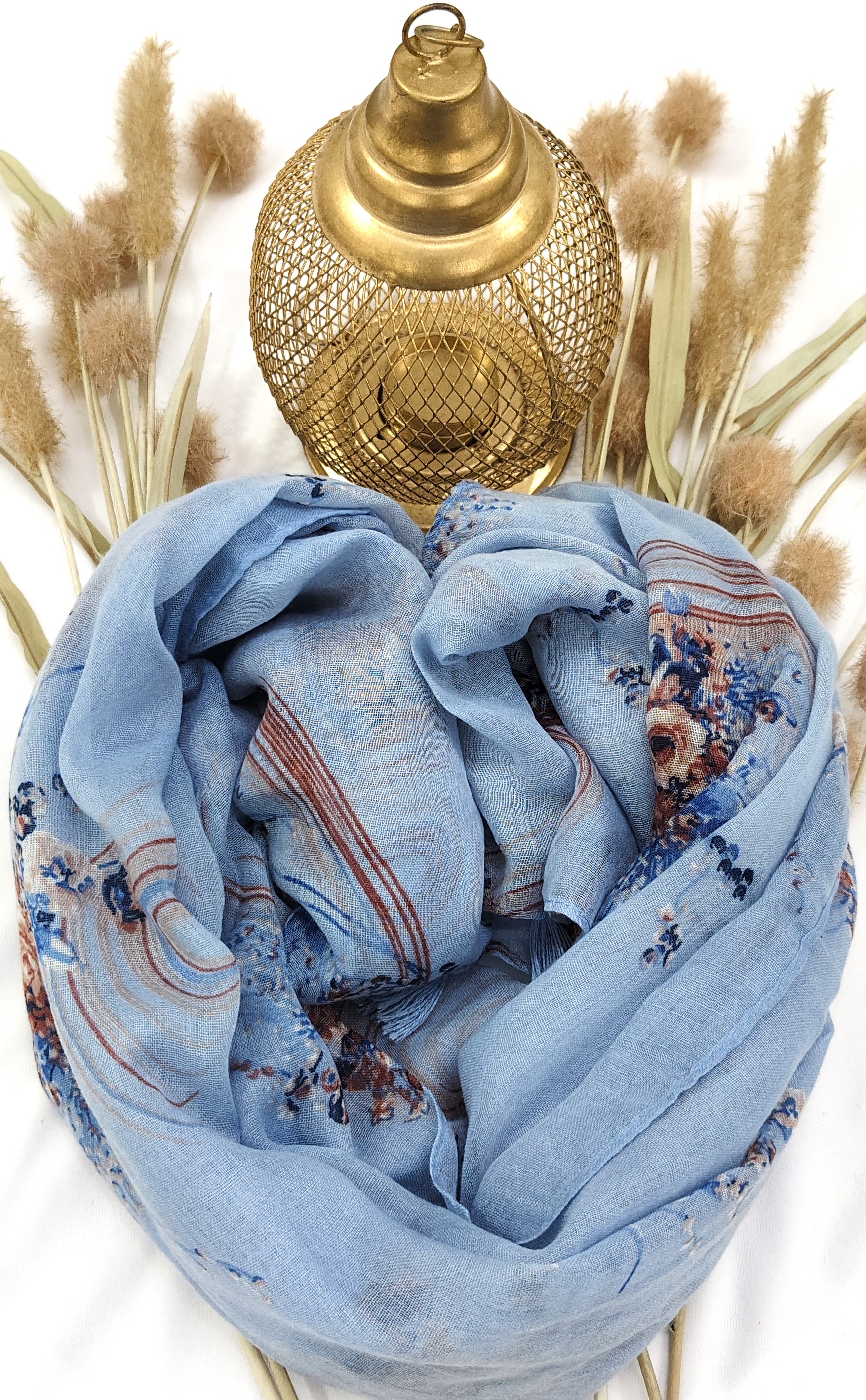 Cotton Floral Line Print Hijab With Tassels