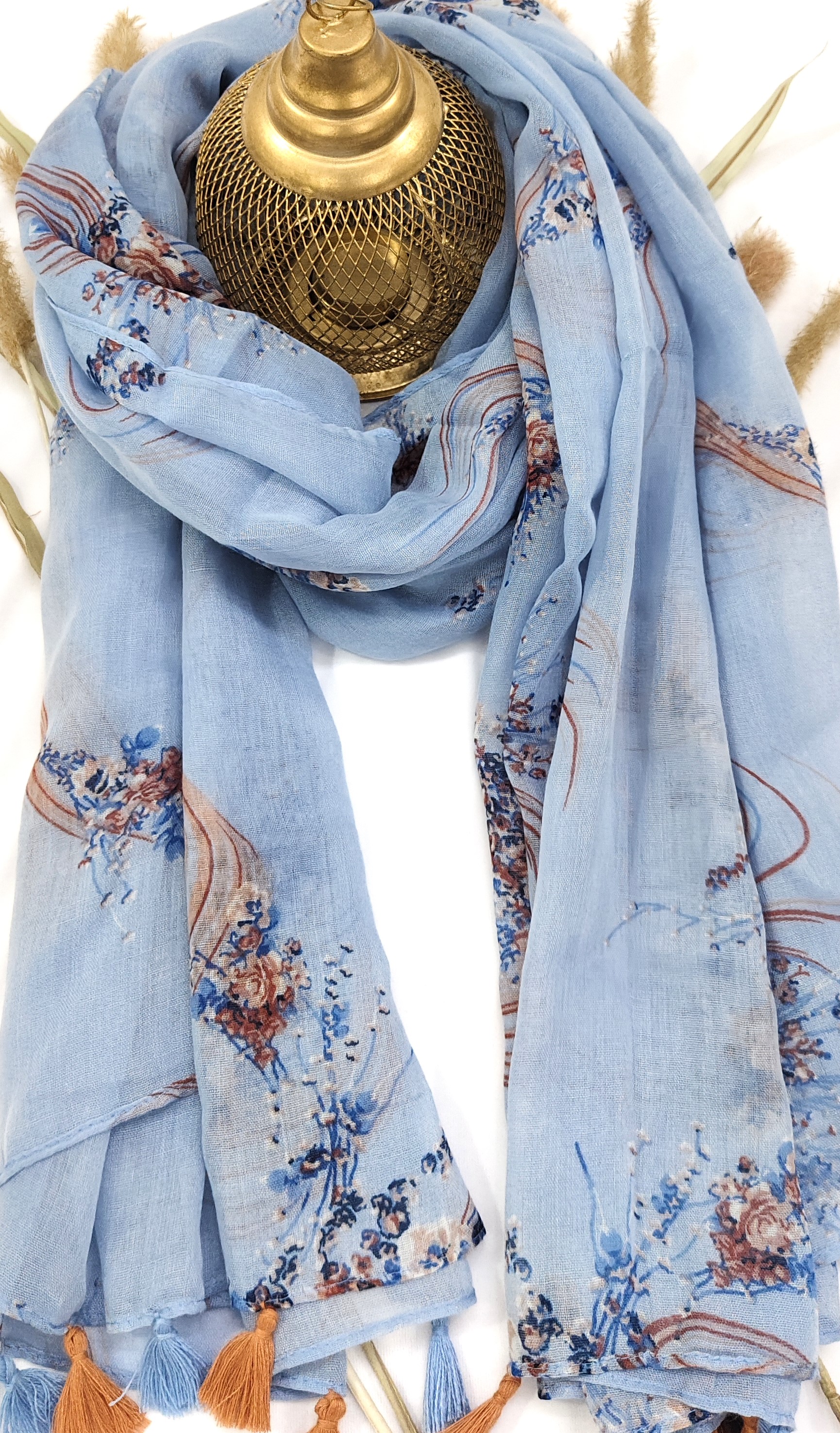 Cotton Floral Line Print Hijab With Tassels