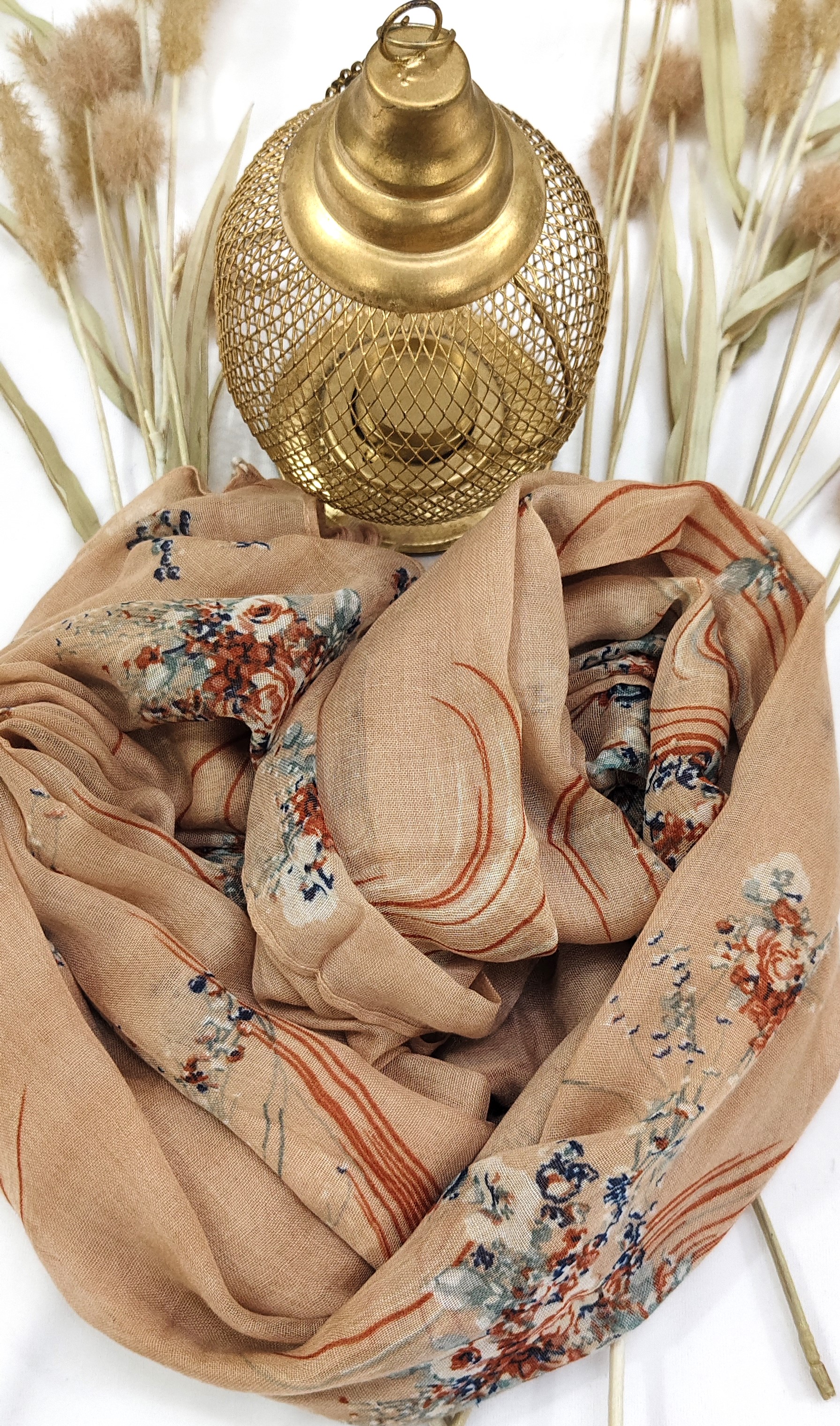 Cotton Floral Line Print Hijab With Tassels