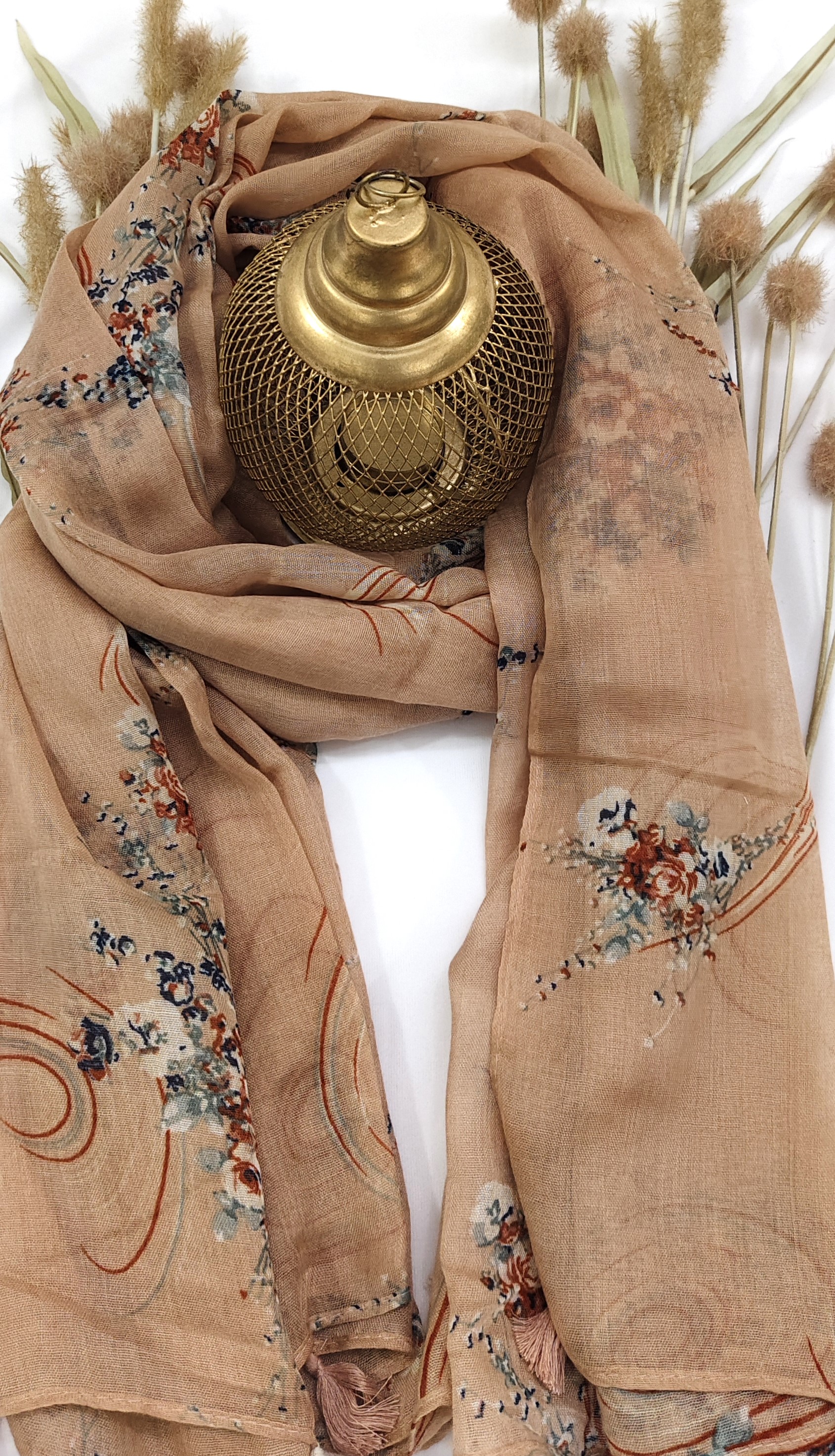 Cotton Floral Line Print Hijab With Tassels