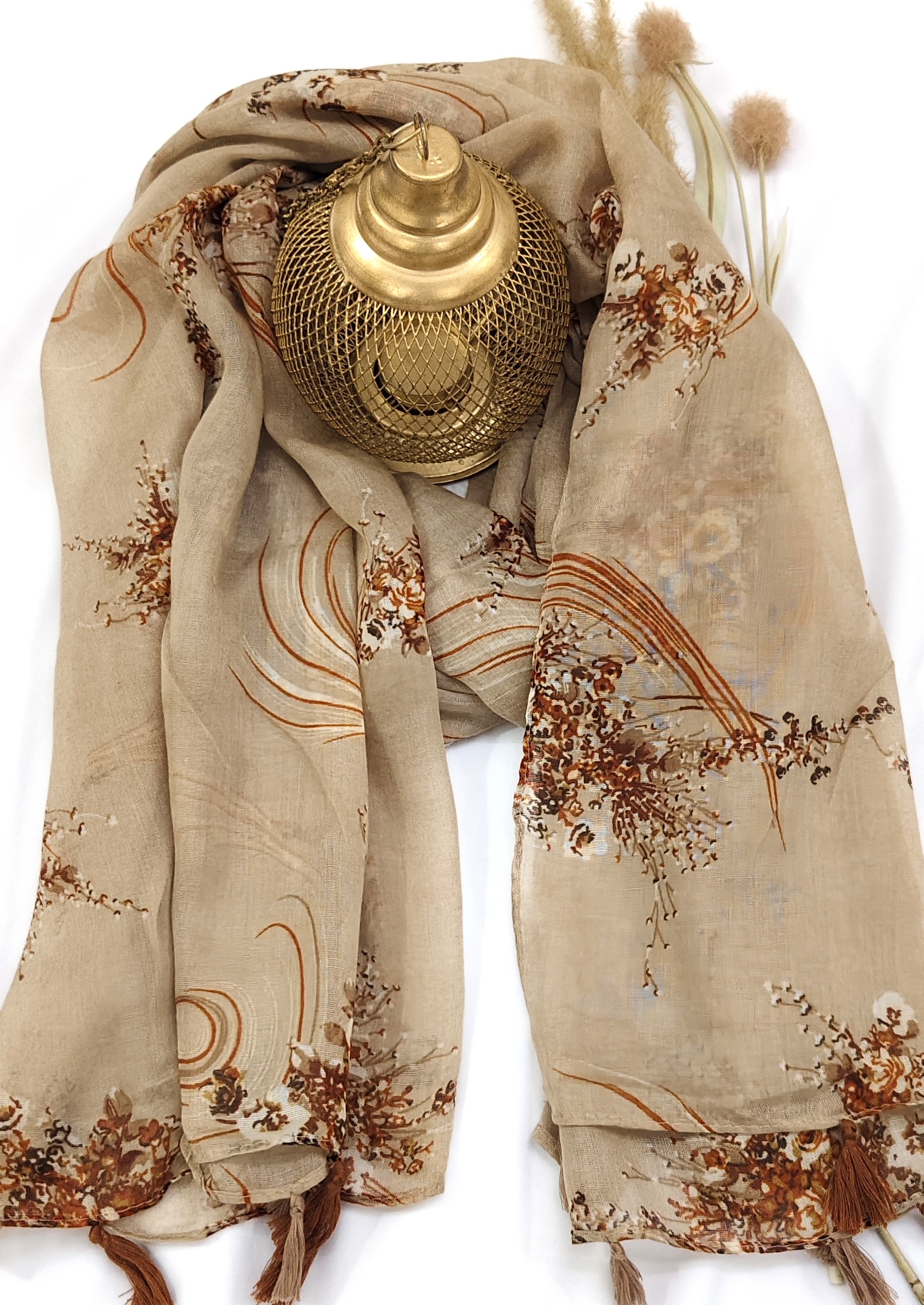Cotton Floral Line Print Hijab With Tassels