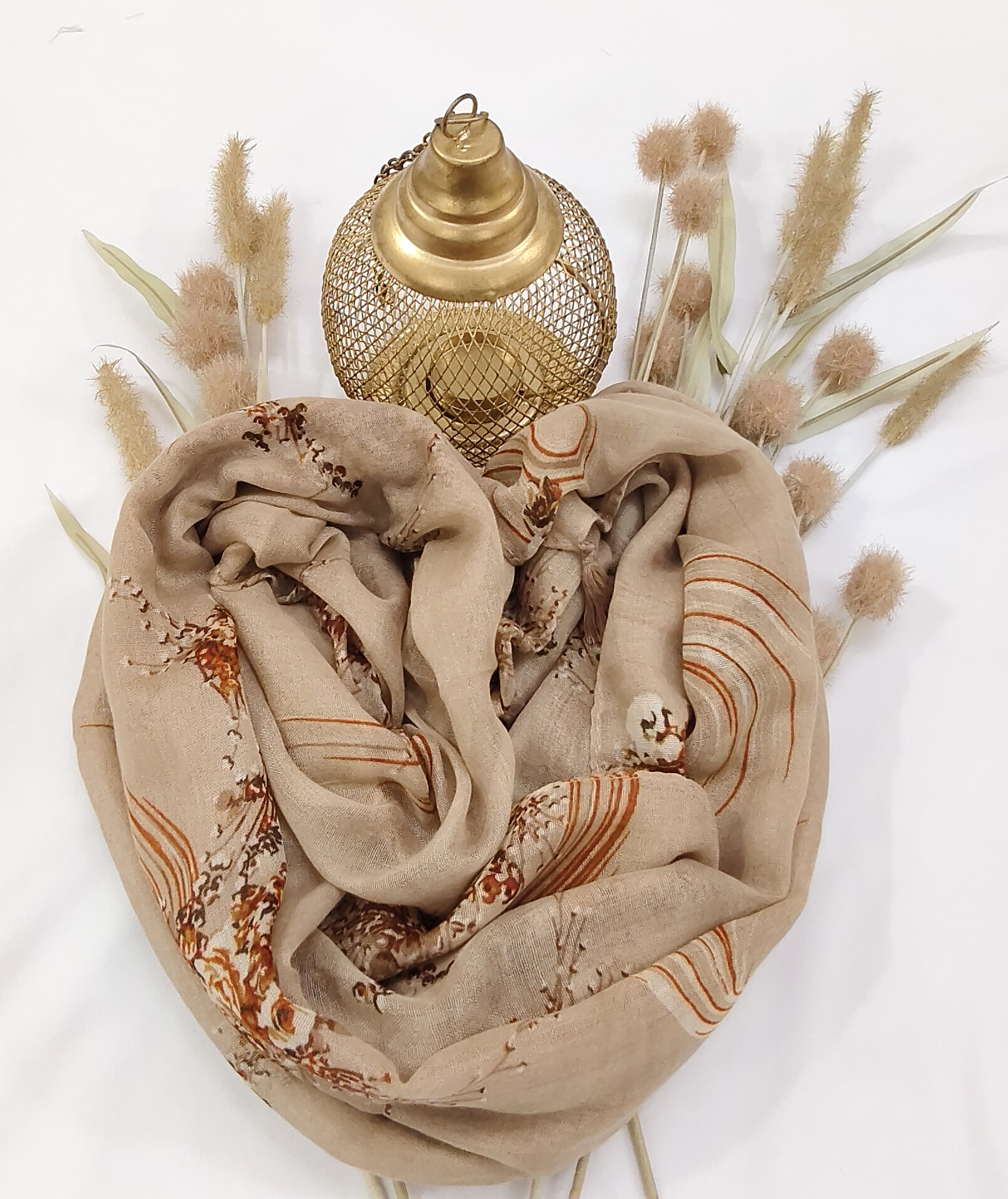 Cotton Floral Line Print Hijab With Tassels