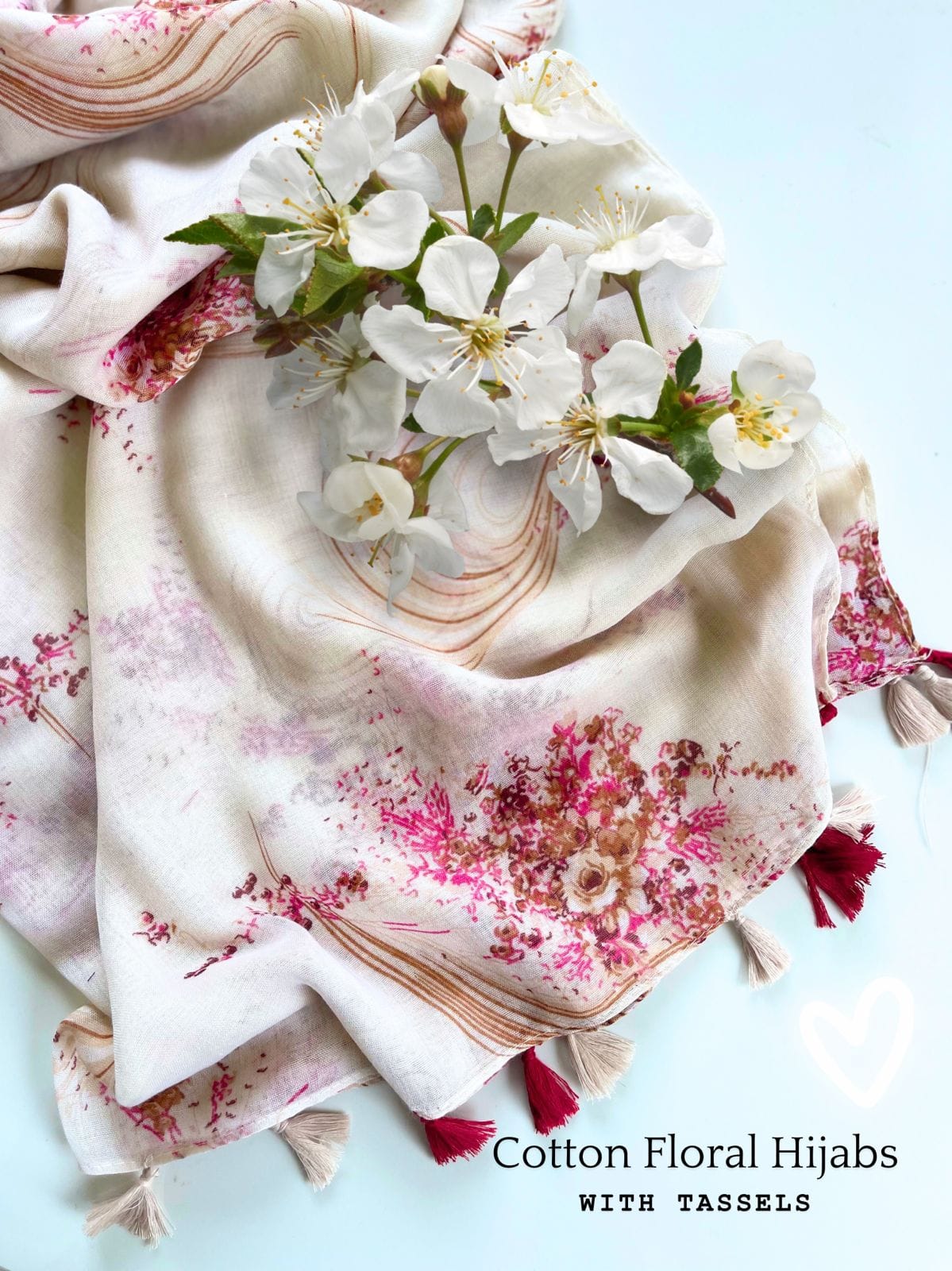 Cotton Floral Small Flower Print Hijab With Tassels - R&S Brand