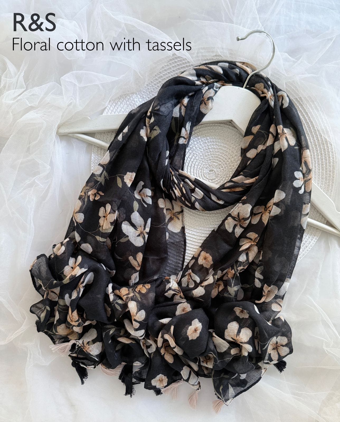 Cotton Floral Small Flower Print Hijab With Tassels - R&S Brand