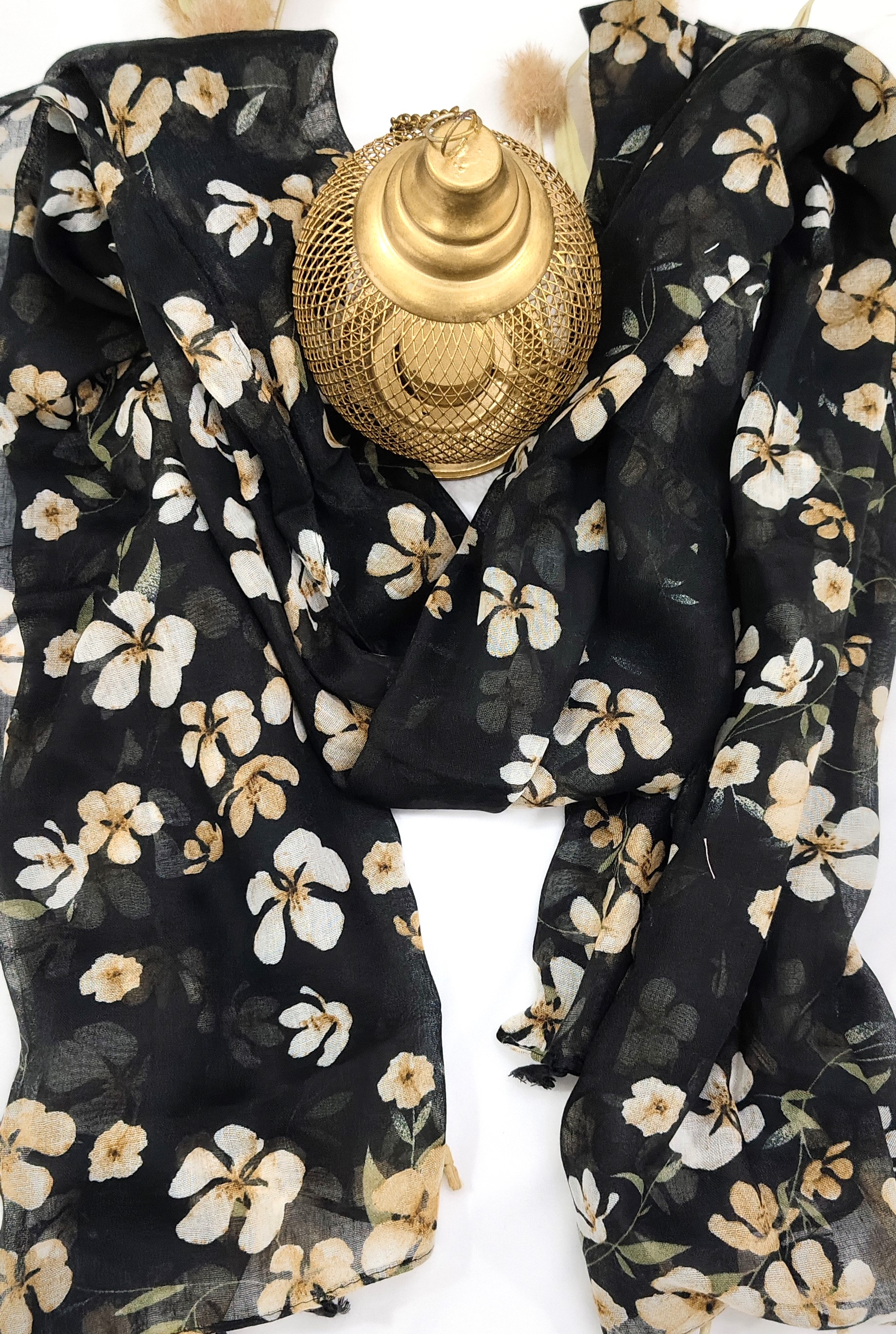 Cotton Floral Small Flower Print Hijab With Tassels - R&S Brand