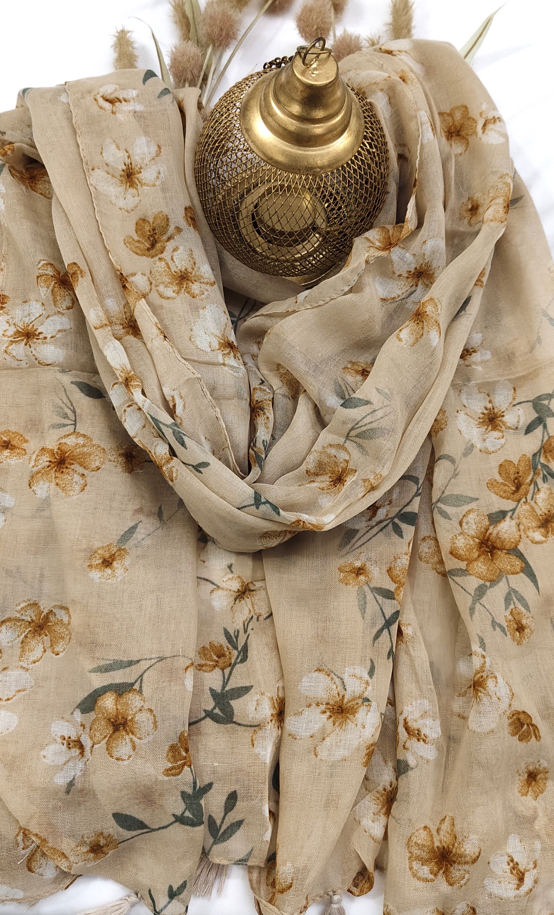 Cotton Floral Small Flower Print Hijab With Tassels - R&S Brand
