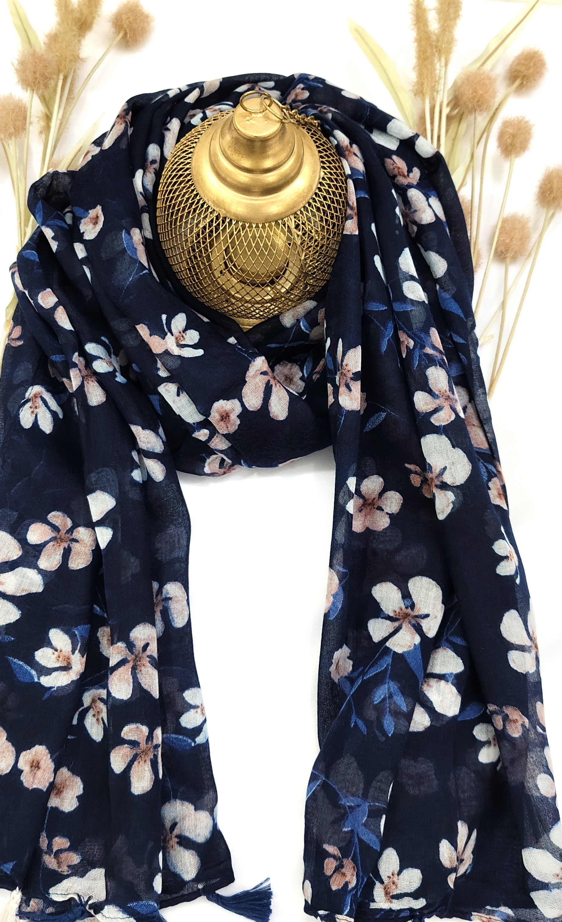 Cotton Floral Small Flower Print Hijab With Tassels - R&S Brand