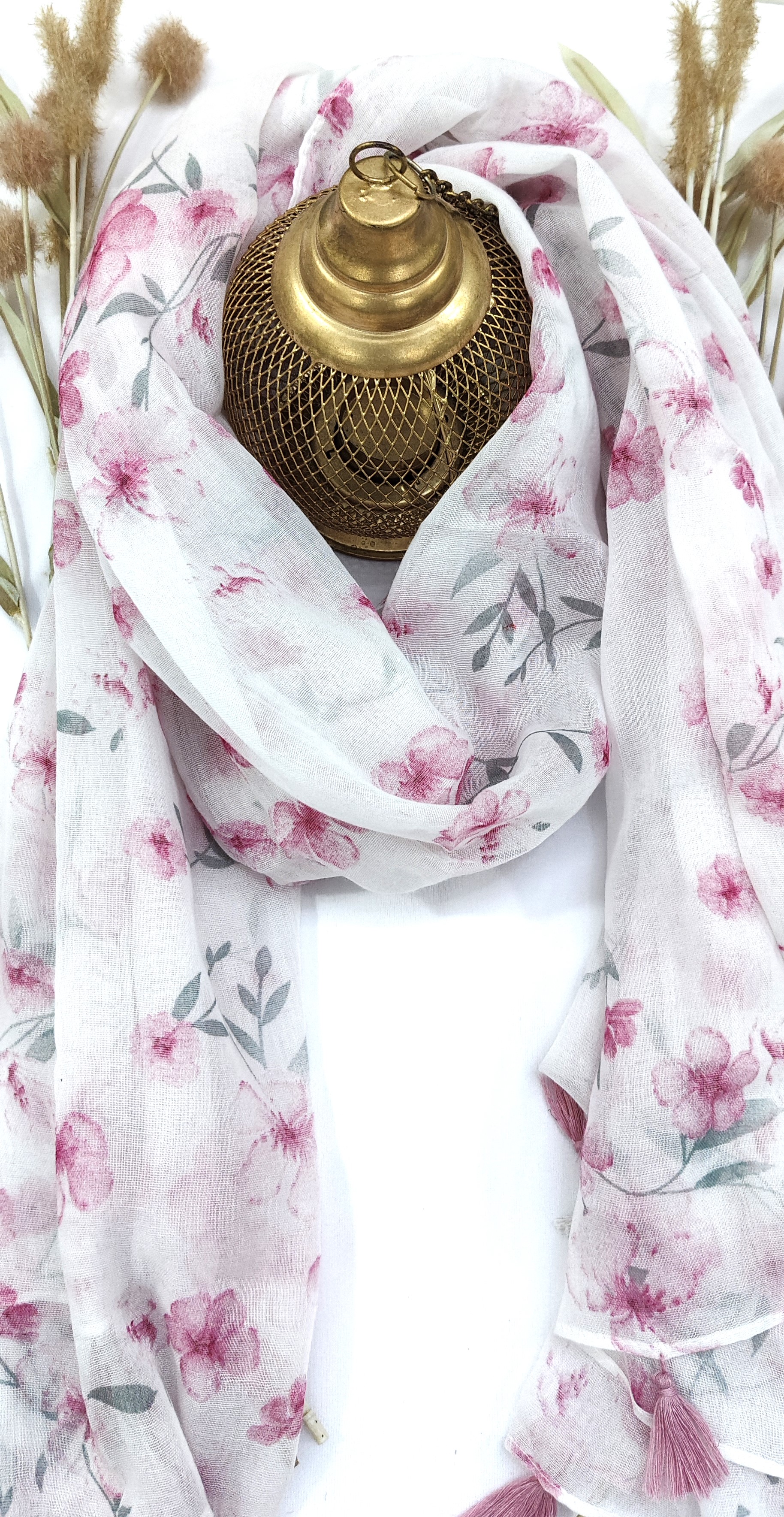 Cotton Floral Small Flower Print Hijab With Tassels - R&S Brand