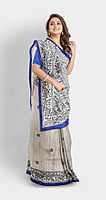 Ghicha Silk Saree Handloom Tussar Blue Madhubani with BP