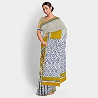 Handloom Cotton Printed Yellow Off White Golden Zari with BP Handloom Cotton Printed Yellow Off White Golden Zari with BP