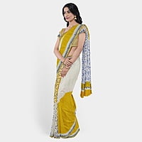 Handloom Cotton Printed Yellow Off White Golden Zari with BP Handloom Cotton Printed Yellow Off White Golden Zari with BP