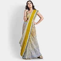 Handloom Cotton Printed Yellow Off White Golden Zari with BP Handloom Cotton Printed Yellow Off White Golden Zari with BP