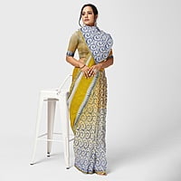 Handloom Cotton Printed Yellow Off White Golden Zari with BP Handloom Cotton Printed Yellow Off White Golden Zari with BP