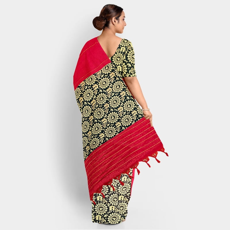 Cotton Khesh Primary Red and Cream Warli Printed Saree with BP