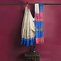 Ghicha Silk Ikkat Saree Handloom Tussar Cerulian Blue and Maroon with BP