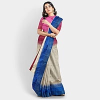 Ghicha Silk Ikkat Saree Handloom Tussar Cerulian Blue and Maroon with BP