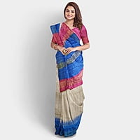Ghicha Silk Ikkat Saree Handloom Tussar Cerulian Blue and Maroon with BP