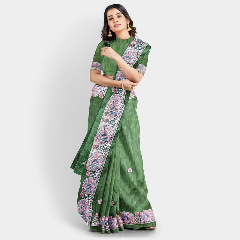 Royal Madhubani Haryali Ghicha Silk Saree with BP Royal Madhubani Haryali Ghicha Silk Saree with BP