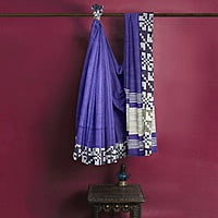 Dual Colour Navy Blue Black Linen Box Batik Saree with BP