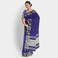 Dual Colour Navy Blue Black Linen Box Batik Saree with BP