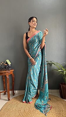 Rajwadi Silk Ready To Drape Saree-Blue-Front Rajwadi Silk Ready To Drape Saree-Blue-Front