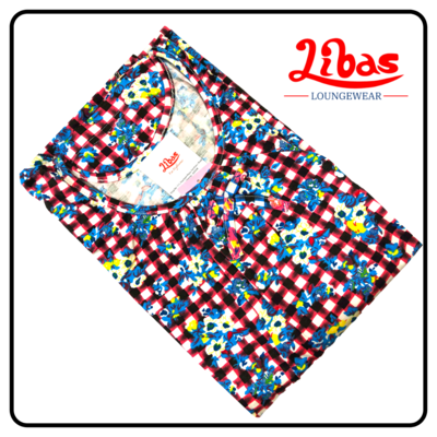 Red & Blue checked floral printed hosiery cotton sleevless nighty from libas loungewear-SL023 Red & Blue checked floral printed hosiery cotton sleevless nighty from libas loungewear-SL023