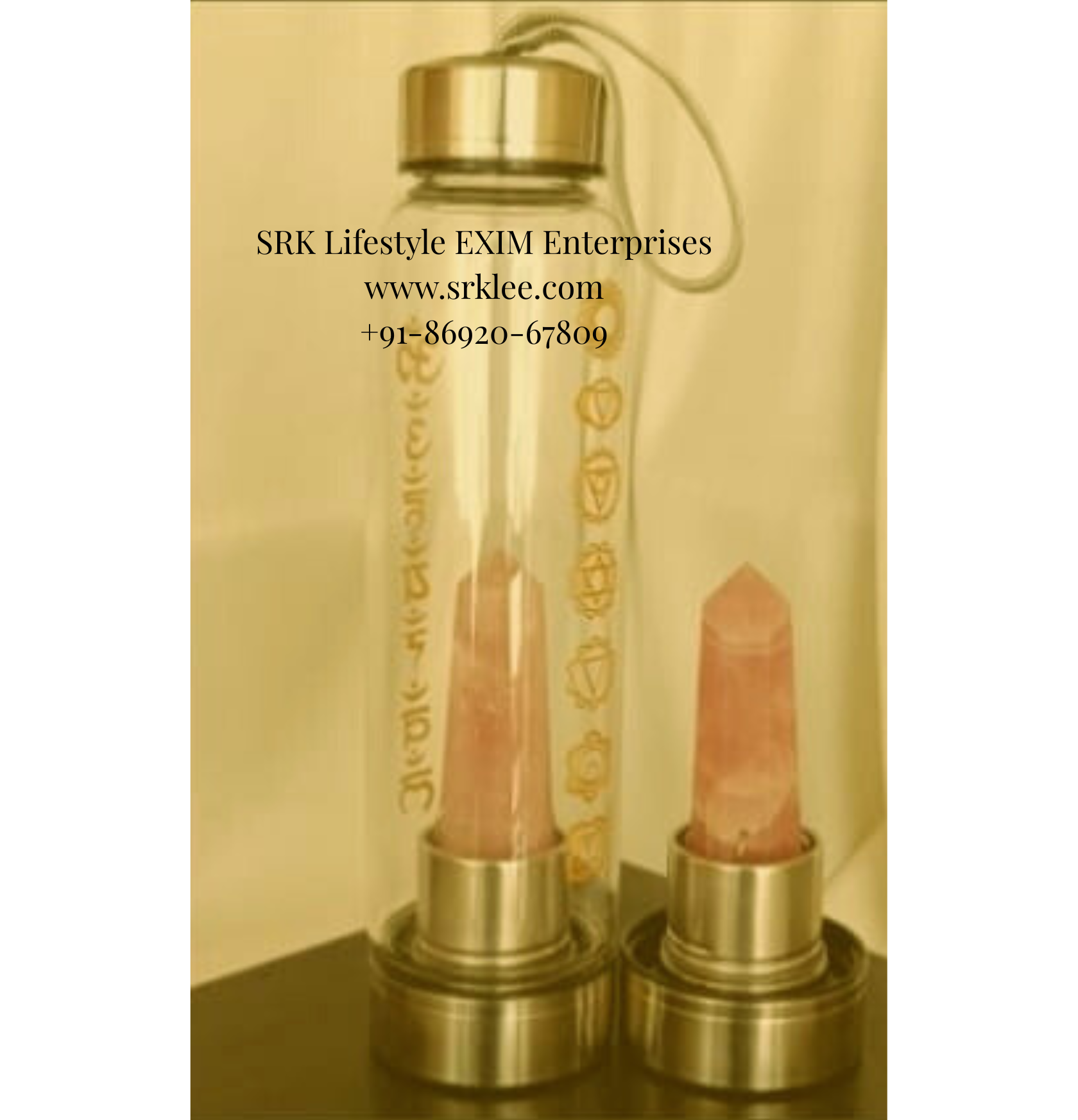Stone Water Bottle - Rose Quartz (Stone of Love) with Mantras & Chakras