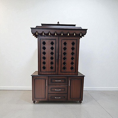 SAF-PJ-006 MDF Pooja Mandapam 3 Drawer with 2 Cupboard|78X48|Black Walnut||Pooja Unit
