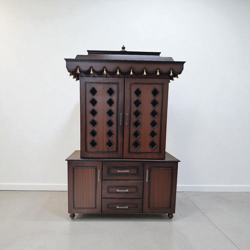 SAF-PJ-006 MDF Pooja Mandapam 3 Drawer with 2 Cupboard|78X48|Natural||Pooja Unit
