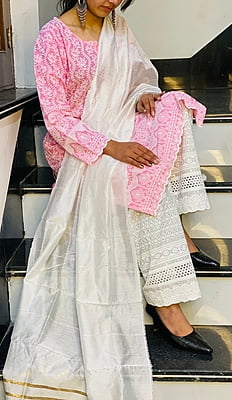 Chikan Kurti Palazzo Suit-Pink