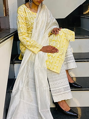 Chikan Kurti Palazzo Suit-Yellow