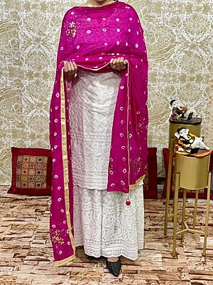 Chikan Kurti Sharara Suit-Magenta