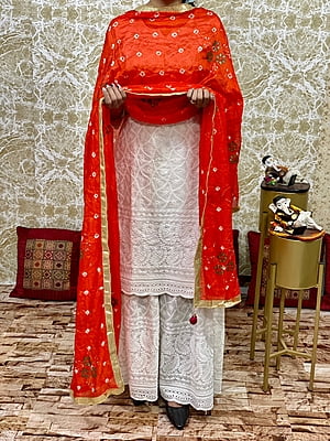 Chikan Kurti Sharara Suit-Orange