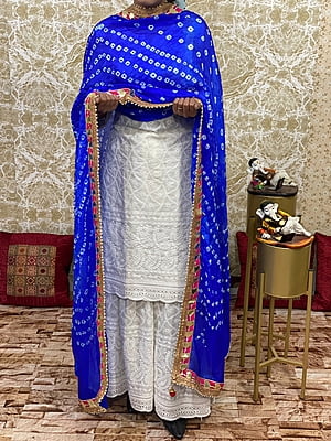 Chikan Kurti Sharara Suit-RoyalBlue