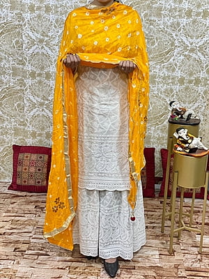 Chikan Kurti Sharara Suit-Yellow
