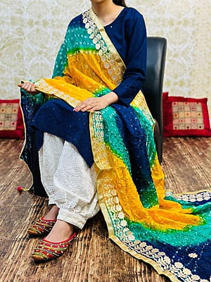 Chikankari Afghani Shaded Bandhani Dupatta Set-NavyBlue-1 Chikankari Afghani Shaded Bandhani Dupatta Set-NavyBlue-1