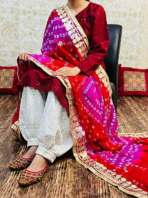 Chikankari Afghani Shaded Bandhani Dupatta Set-Red-2 Chikankari Afghani Shaded Bandhani Dupatta Set-Red-2