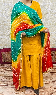 Chikankari Sharara Shaded Bandhani Dupatta Set-Mustard-3 Chikankari Sharara Shaded Bandhani Dupatta Set-Mustard-3
