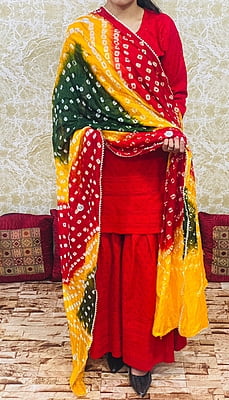 Chikankari Sharara Shaded Bandhani Dupatta Set-Red-2 Chikankari Sharara Shaded Bandhani Dupatta Set-Red-2
