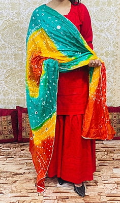 Chikankari Sharara Shaded Bandhani Dupatta Set-Red-4 Chikankari Sharara Shaded Bandhani Dupatta Set-Red-4