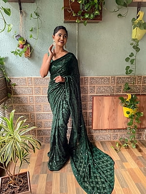 Elegant Sequins Saree-BottleGreen Elegant Sequins Saree-BottleGreen
